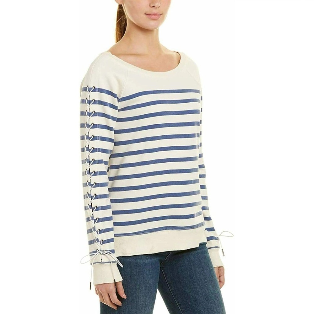 Pam & Gela Cream and Blue Striped Lace-Up Sleeve Sweatshirt